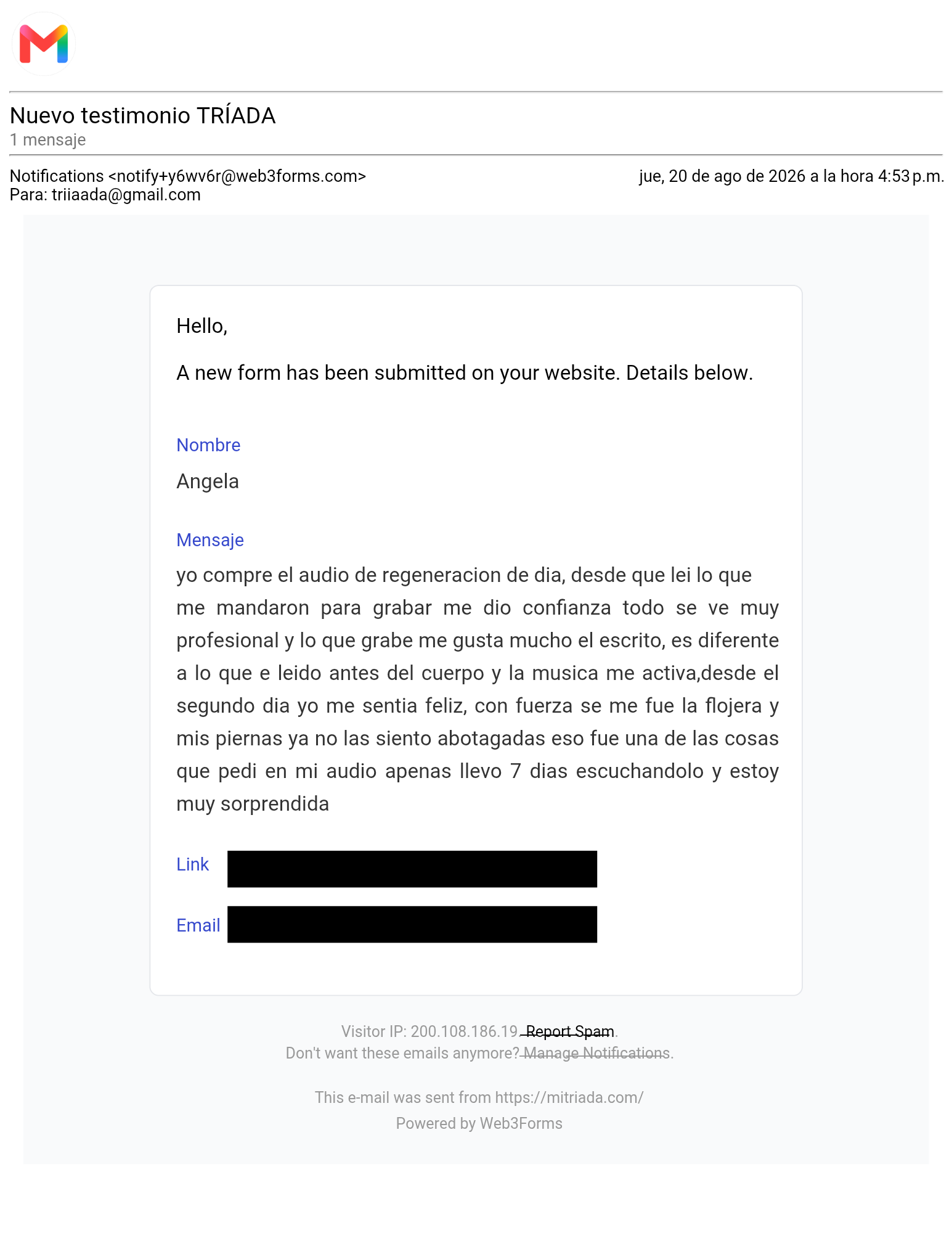 Captura real del testimonio de Angela sobre el audio de Regeneración