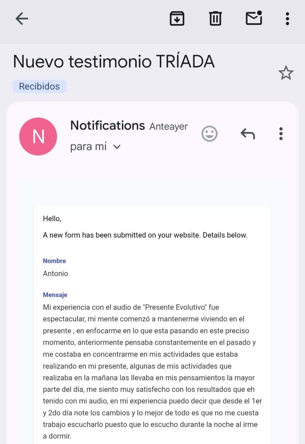 Captura real del testimonio de Antonio sobre el audio de Presente Evolutivo